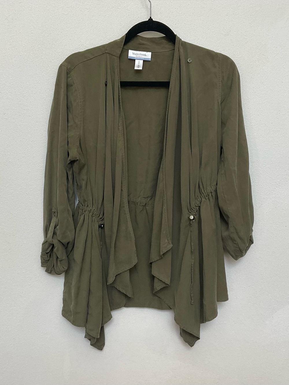 Motherhood Nursing Maternity Army Green Waterfall Cardigan Size Med Tab Sleeves